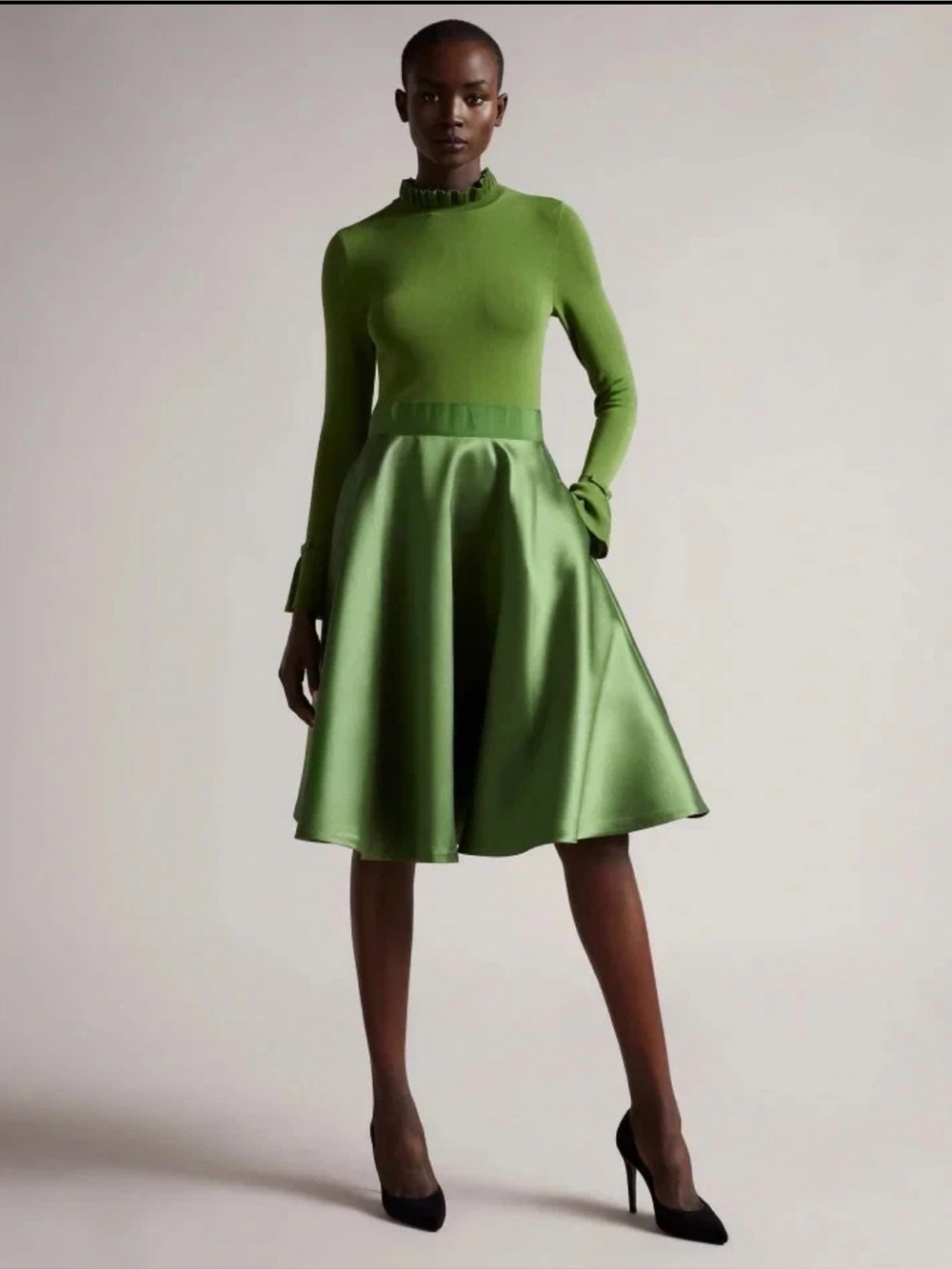 Ted Baker Zadi Fit and Flare Dress with a High-Neck Frill and a Full Skirt.